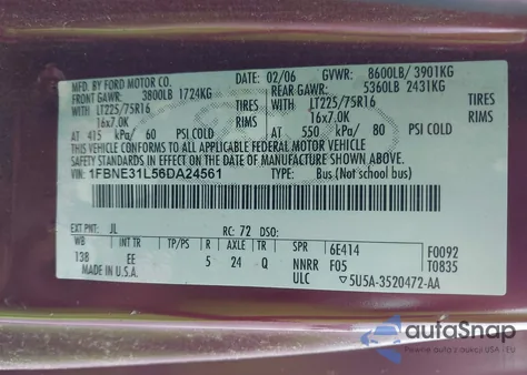 2006 Ford E-350 Super Duty Chateau/Xl/Xlt z USA, uszkodzony, nr VIN 1FBNE31L56DA24561